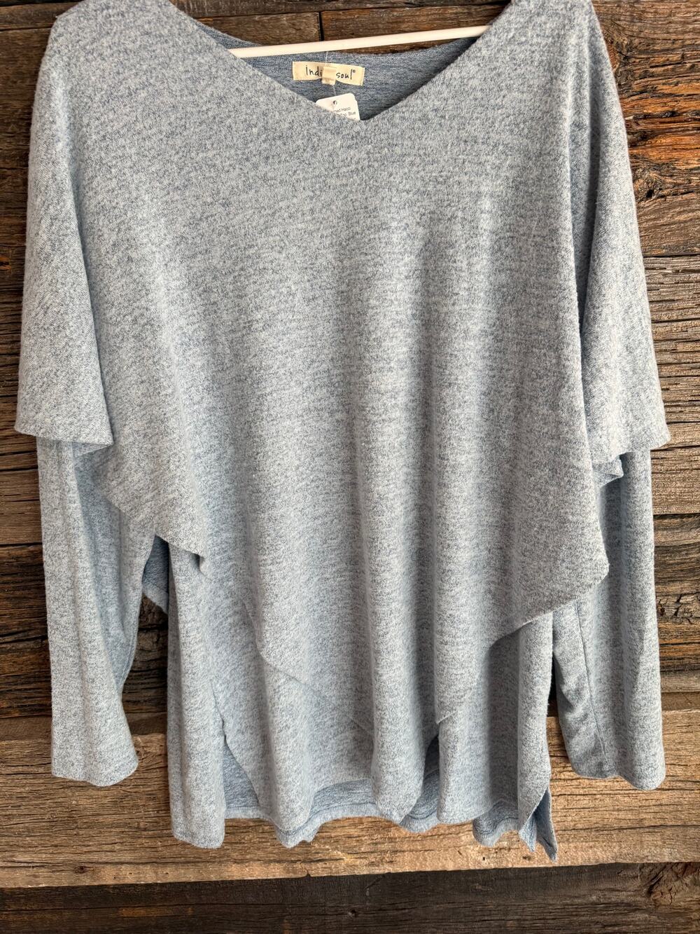 NWT Indigo Soul Blue Gray Layered Poncho Top V Neck Draped knit Tunic